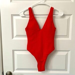 Red V-Neck Onepiece Swimsuit